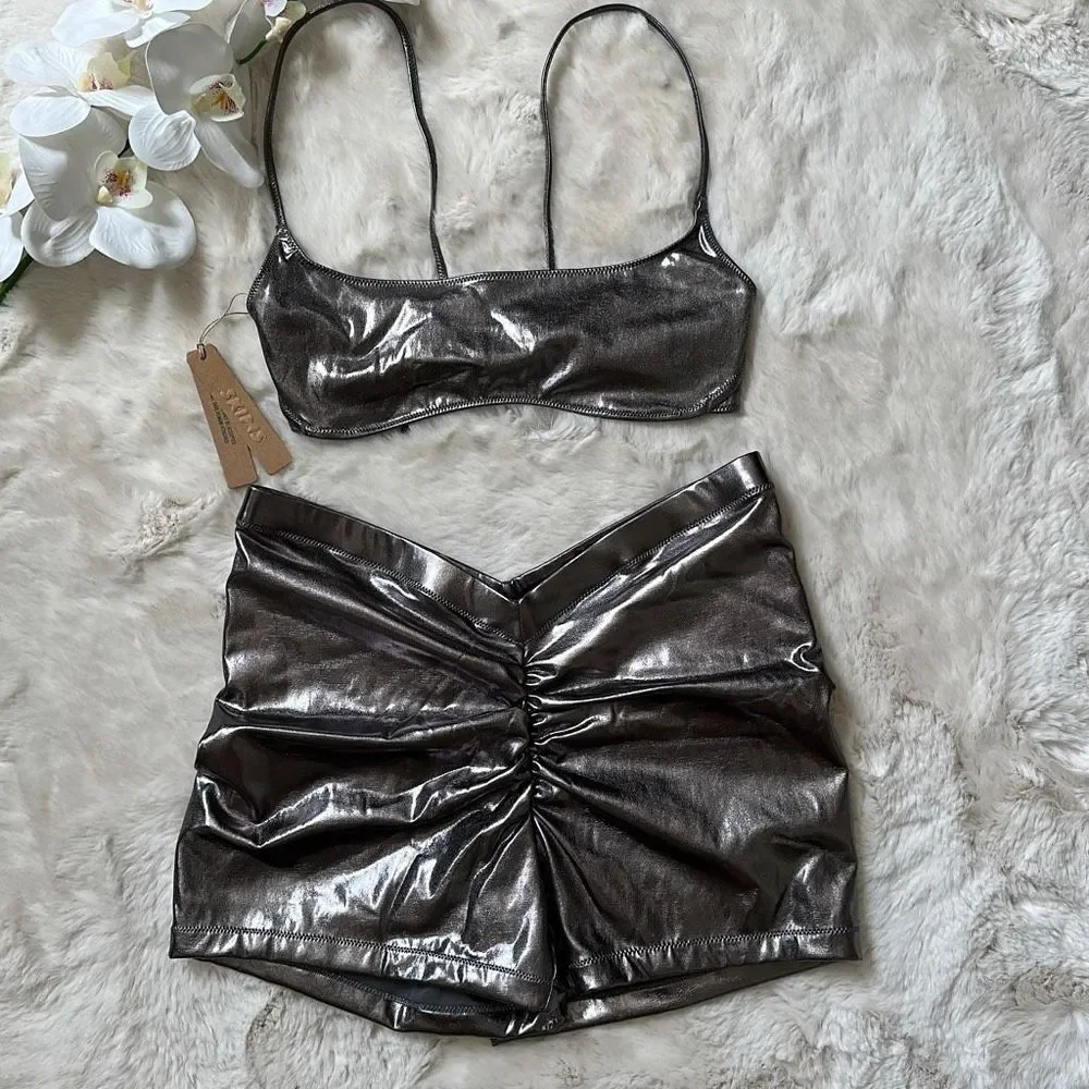 SKIMS Metallic Swim 2PC Set V-Waist Short & Micro Scoop Bikini Top Carbon Size M